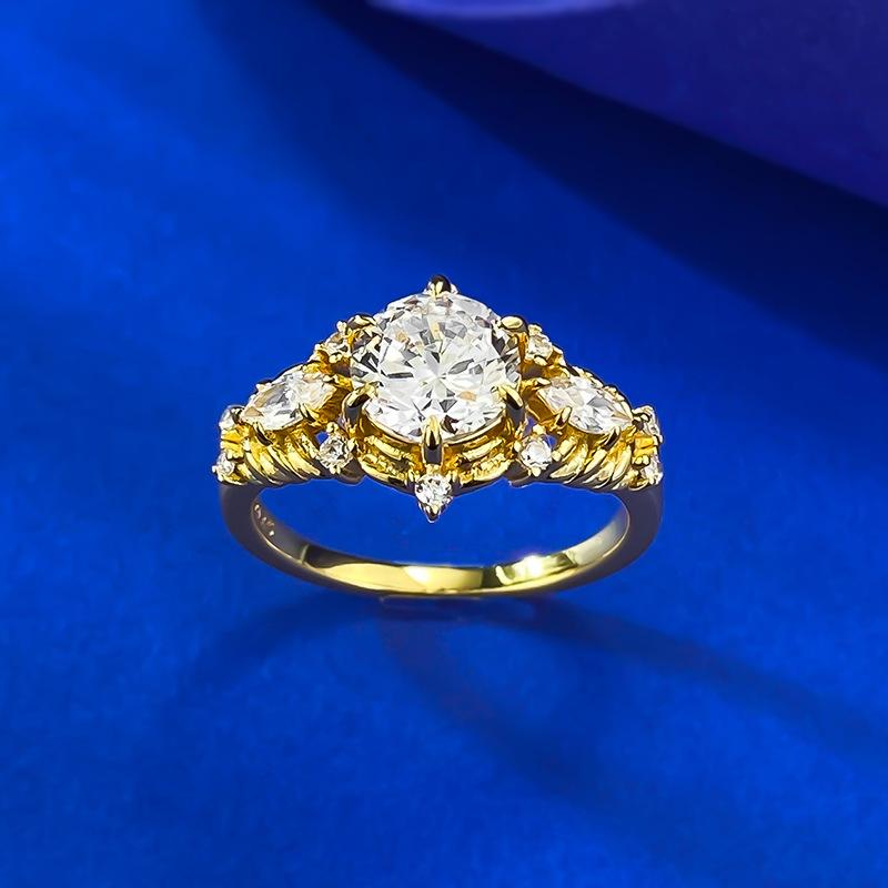 S925 Sterling Silver Horse Eye Golden Plated Oval 7*7mm 6A Cubic Zirconia Ring-440(25%)