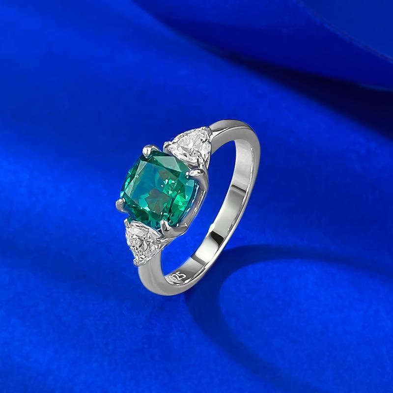 S925 Sterling Silver Green Ice Flower Cut Three Stones Square Four Claws Ring 7*7mm 2 Carat 6A Cubic Zirconia Ring-455(25%)