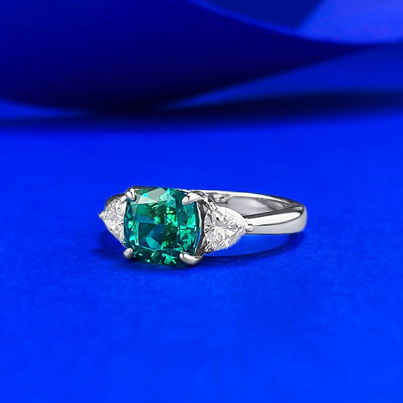 S925 Sterling Silver Green Ice Flower Cut Three Stones Square Four Claws Ring 7*7mm 2 Carat 6A Cubic Zirconia Ring-455(25%)