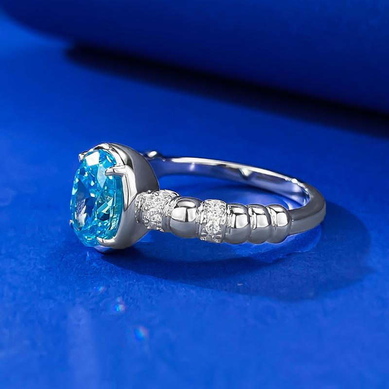 S925 Sterling Silver Light Sea Blue Round Ice Flower Cut 6*8 mm  8A Cubic Zirconia Ring-434(25%)