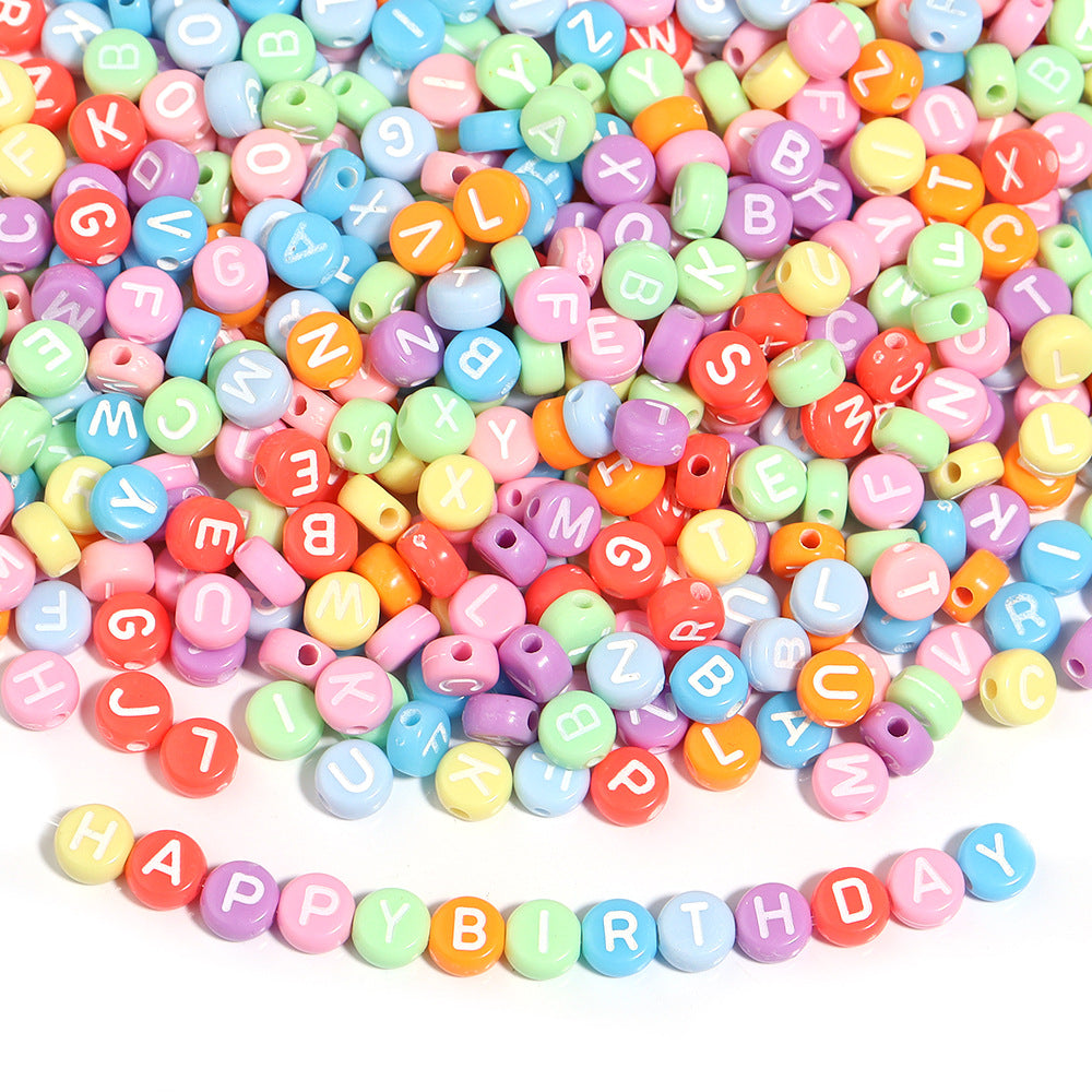 100 Pcs/Pack Acrylic Colorful Beads Mixed Color Flat round English Letters Loose Beads Diy Bracelet Beaded Material