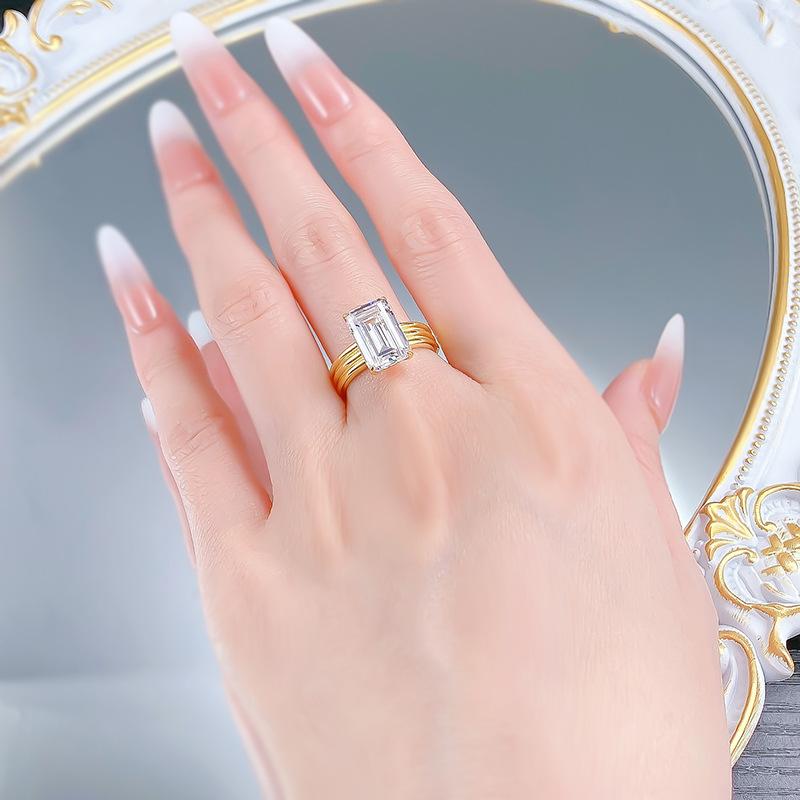 S925 Sterling Silver Three Row Band Grandma Cut Rectangular 8*12mm 6A Cubic Zirconia Ring-381(35%)