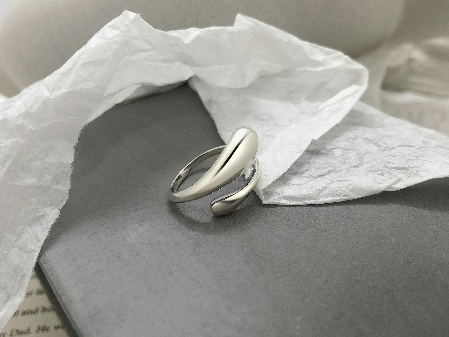 S925 Sterling Silver Minimalist Smooth Water Drop Open Ring for Women -560(45%)