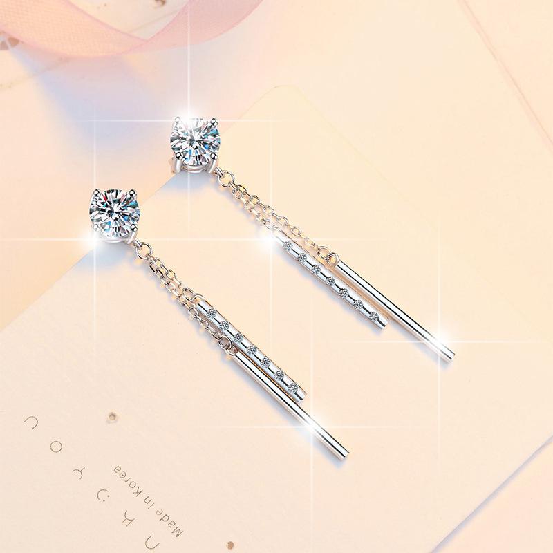 47. S925 Sterling Silver Long Tassel Stud Earrings Synthetic Moissanite Stud Earrings