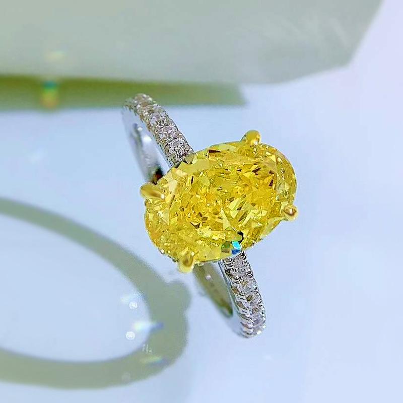 S925 Sterling Silver Yellow Radiant Cut Oval Ring 8*12mm 6A Cubic Zirconia Ring-247(35%)