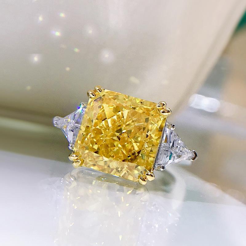 S925 Sterling Silver Yellow Three stones Square 10*10mm 5Carats 8A Cubic Zirconia Ring-153(45%)