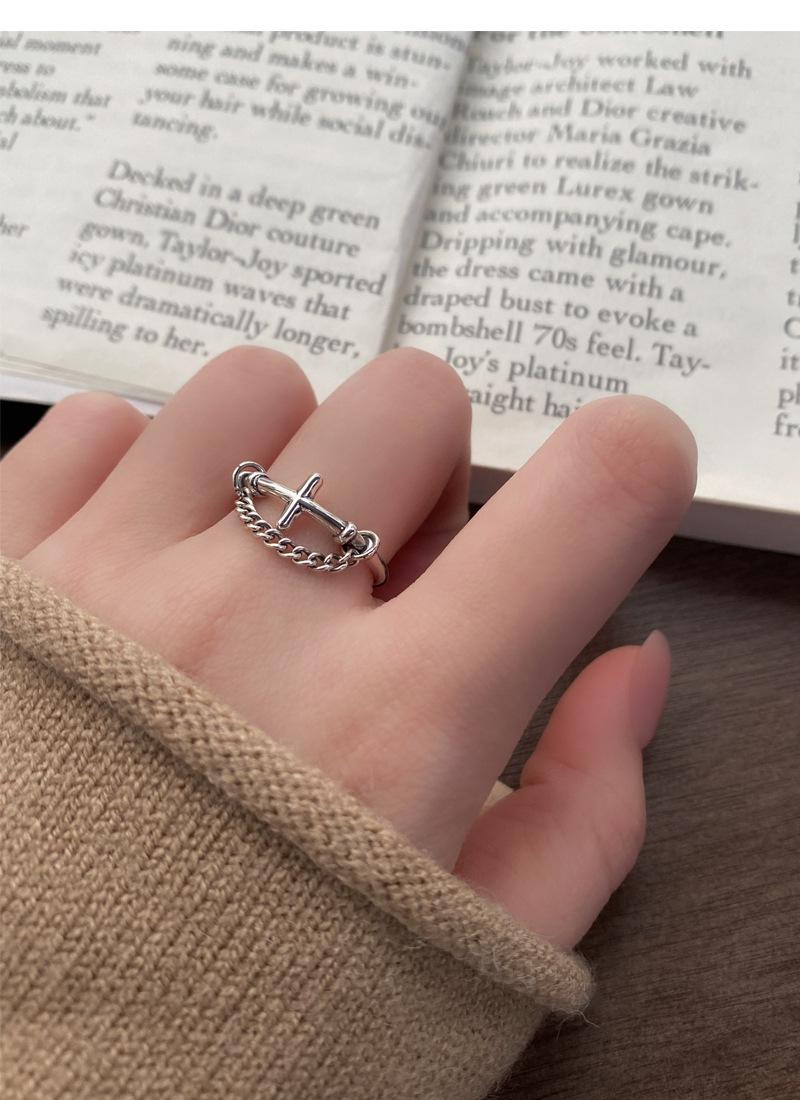 S925 Sterling Silver Vintage Chain Cross Silver Ring for Women - 505(45%)