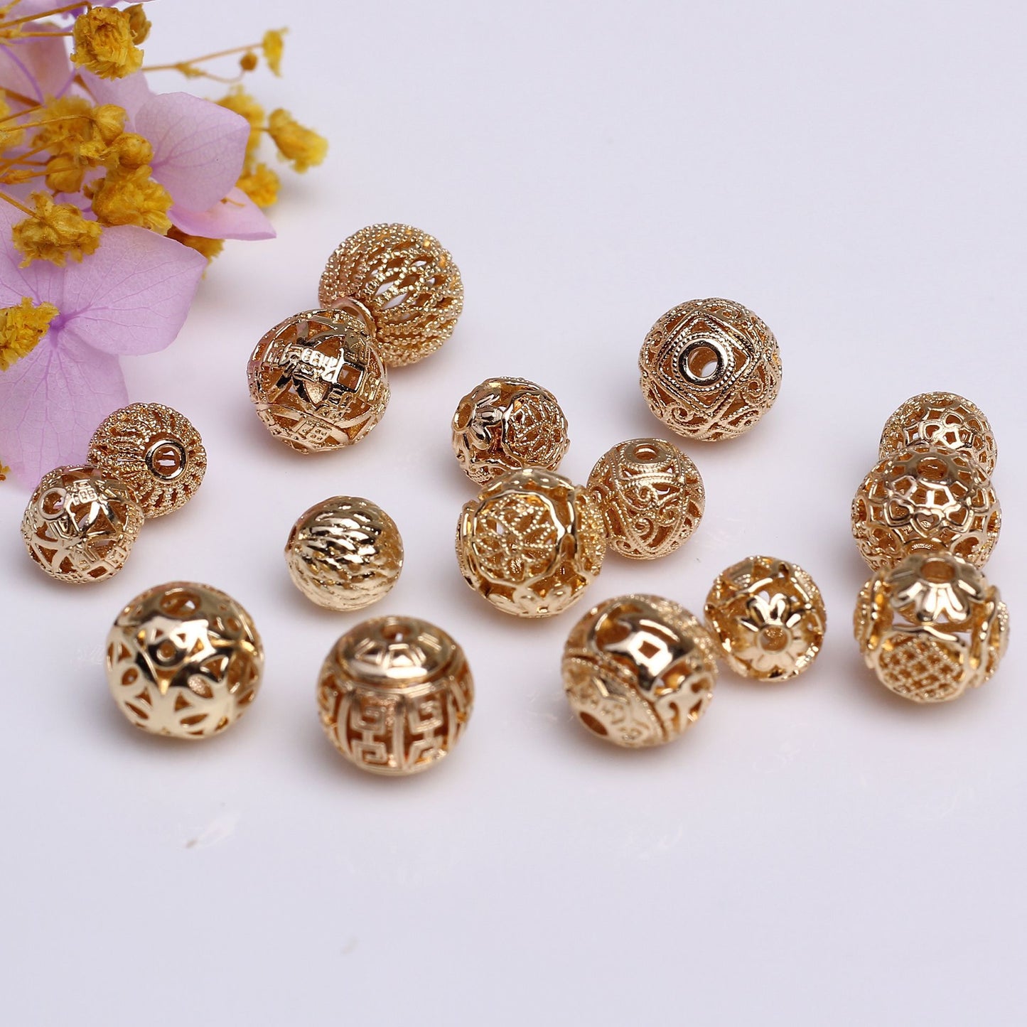 Carve Designs Hollow Copper Beads For Jewelry DIY，Covered By 14/18K Real Gold Or Silver