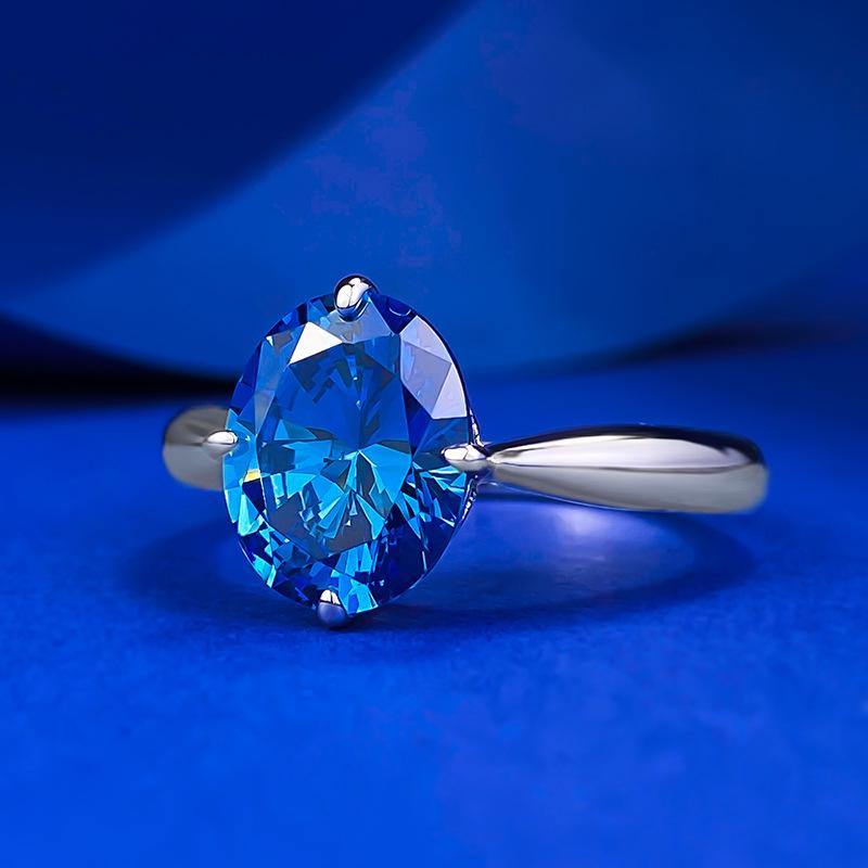 S925 Sterling Silver Blue Oval Cut Oval Ring 8*10mm 6A Cubic Zirconia Ring-374(35%)