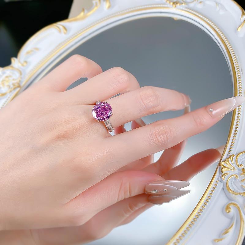 S925 Sterling Silver Purple Rose Pigeon Egg Cut Oval High Carbon Ring 10*11mm 6A Cubic Zirconia Ring-458(25%)