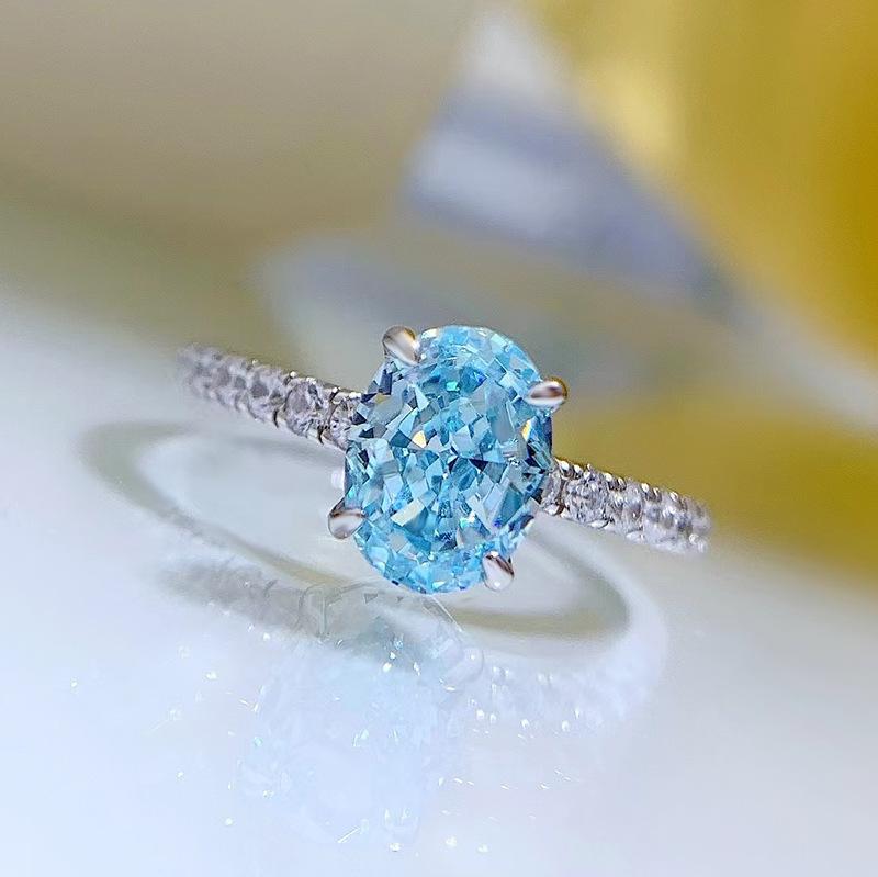 S925 Sterling Silver Aquamarine Radiant Cut Oval Ring 6*8mm 6A Cubic Zirconia Ring-272(35%)