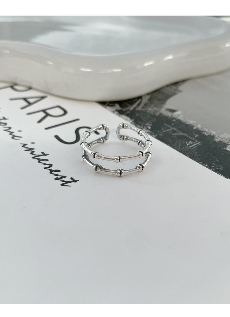 S925 Sterling Silver Vintage Distressed Double Layer Bamboo Knot Ring for Women Open Ring - 502(45%)