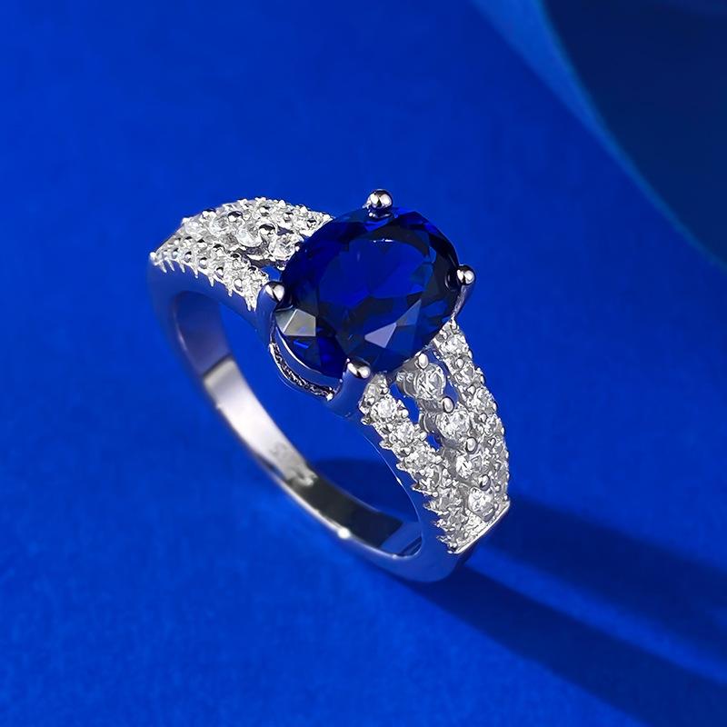 S925 Sterling Silver Blue Oval Cut Oval Ring 7*9mm 6A Cubic Zirconia Ring-268(35%)