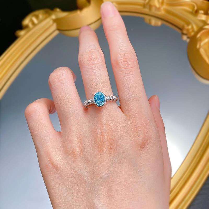 S925 Sterling Silver Light Sea Blue Round Ice Flower Cut 6*8 mm  8A Cubic Zirconia Ring-434(25%)