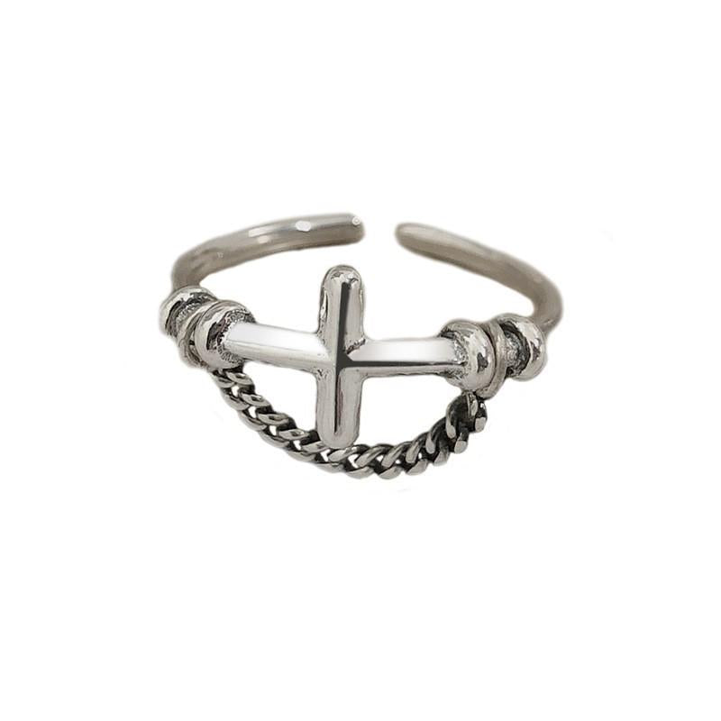 S925 Sterling Silver Vintage Chain Cross Silver Ring for Women - 505(45%)
