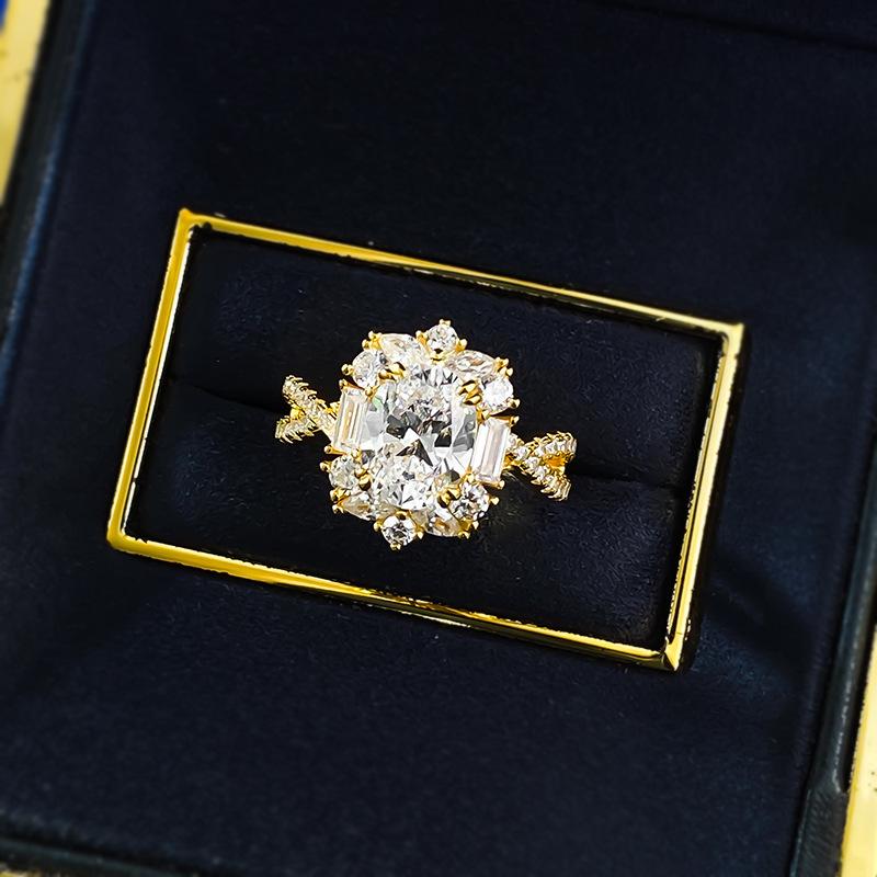 S925 Sterling Silver Pigeon Egg Oval Golden Plated 7*9mm 6A Cubic Zirconia Ring-451(25%)