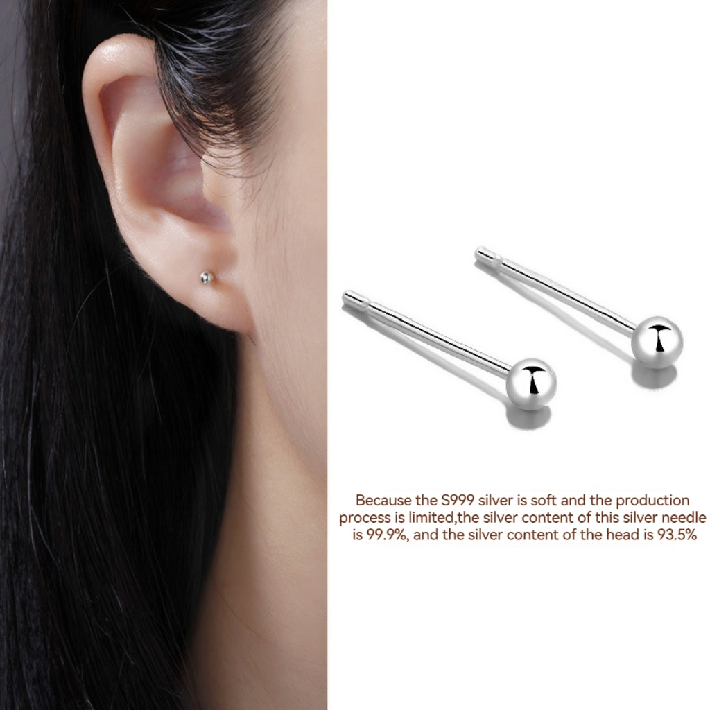 S999 Full Silver Ear Stud, Nourishing Ear Piercing, Prevent Allergies(A pair)