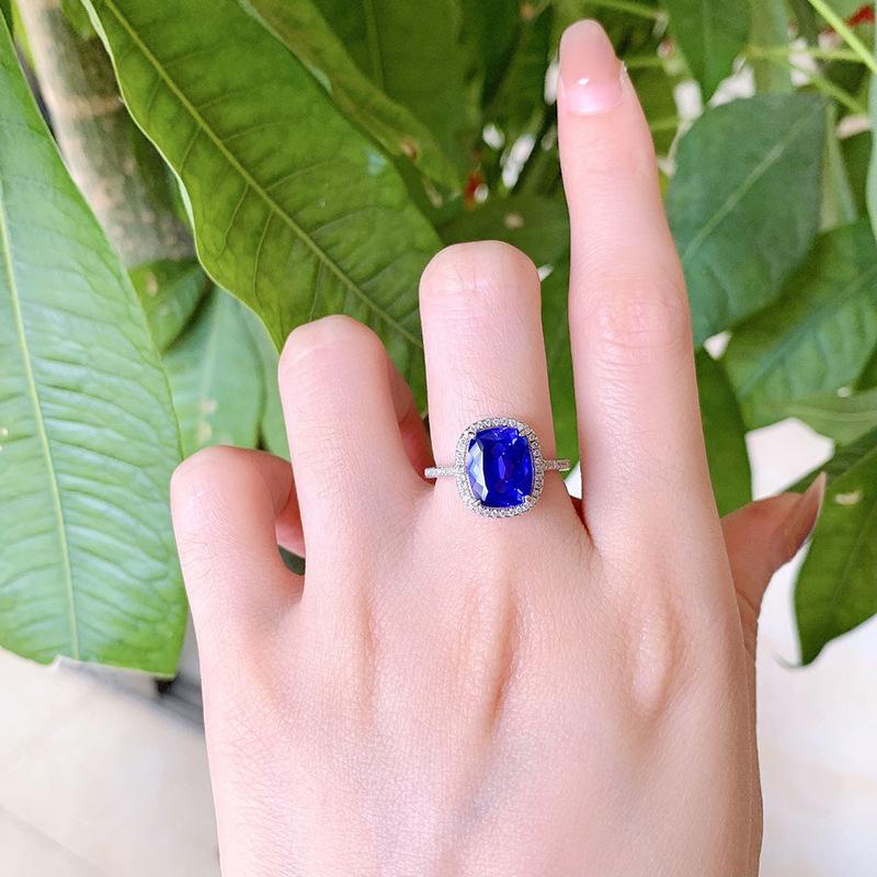 S925 sterling silver blue oval cut cushion shape Ring 8*10mm 8A cubic zirconia ring Springtok-160(35%)