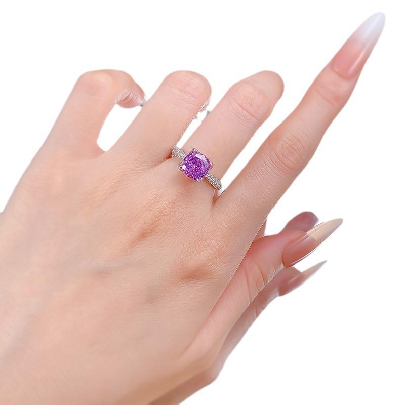 S925 Sterling Silver Purple Square Four-claws Ring 8*8mm 6A Cubic Zirconia Ring-419(25%)