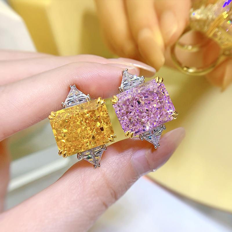 S925 Sterling Silver Pink/Yellow Rectangular Ice Flower Cut Three Stones 13*16mm 8A Cubic Zirconia Ring-444(25%)