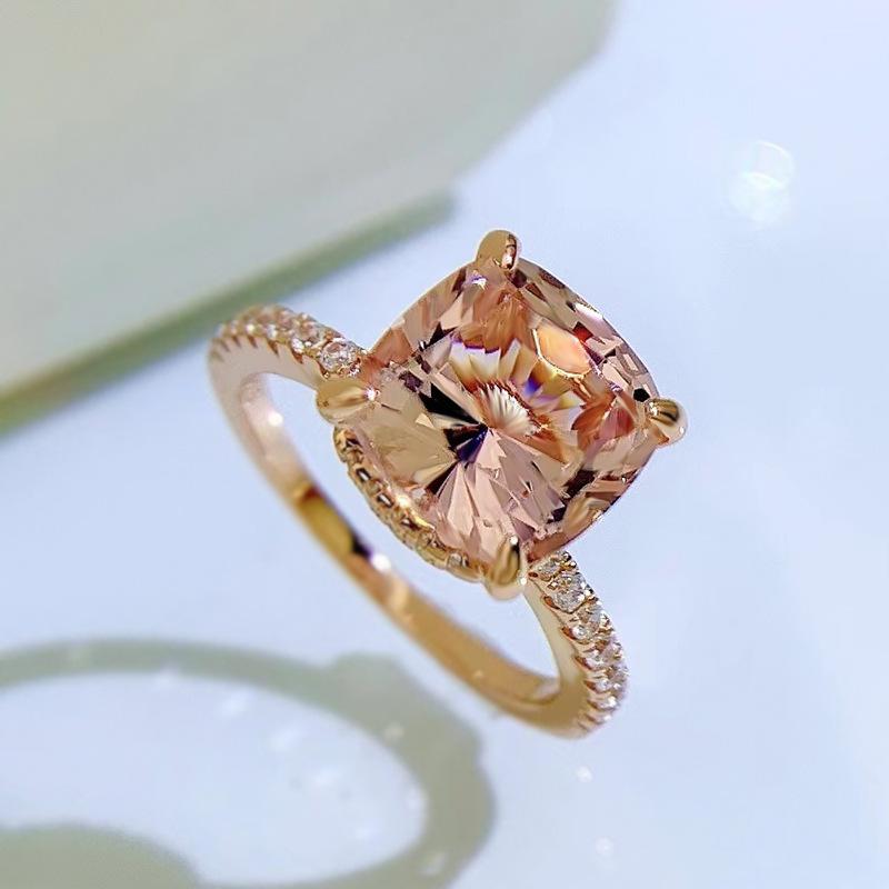 S925 Sterling Silver Champagne Fat Square Cut High Carbon Ring 9*9mm 6A Cubic Zirconia Ring-457(25%)