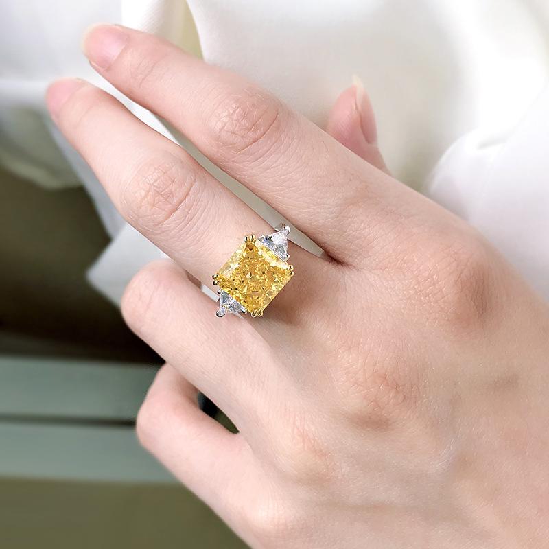 S925 Sterling Silver Yellow Three stones Square 10*10mm 5Carats 8A Cubic Zirconia Ring-153(45%)
