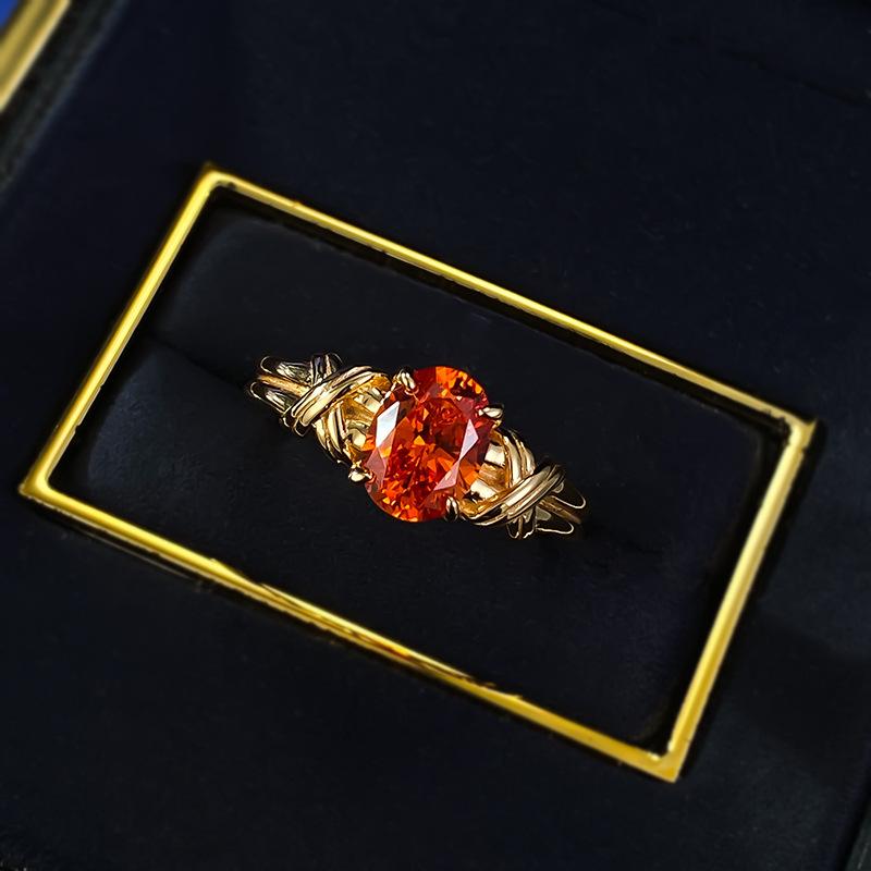 S925 Sterling Silver  Orange Oval Radiant  6*8mm  6A Cubic Zirconia Ring-423(25%)