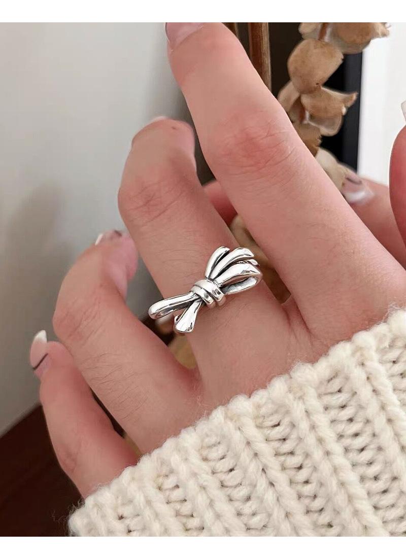 S925 Sterling Silver Vintage Distressed Bow Knot Ring for Women Open Ring -517(45%)