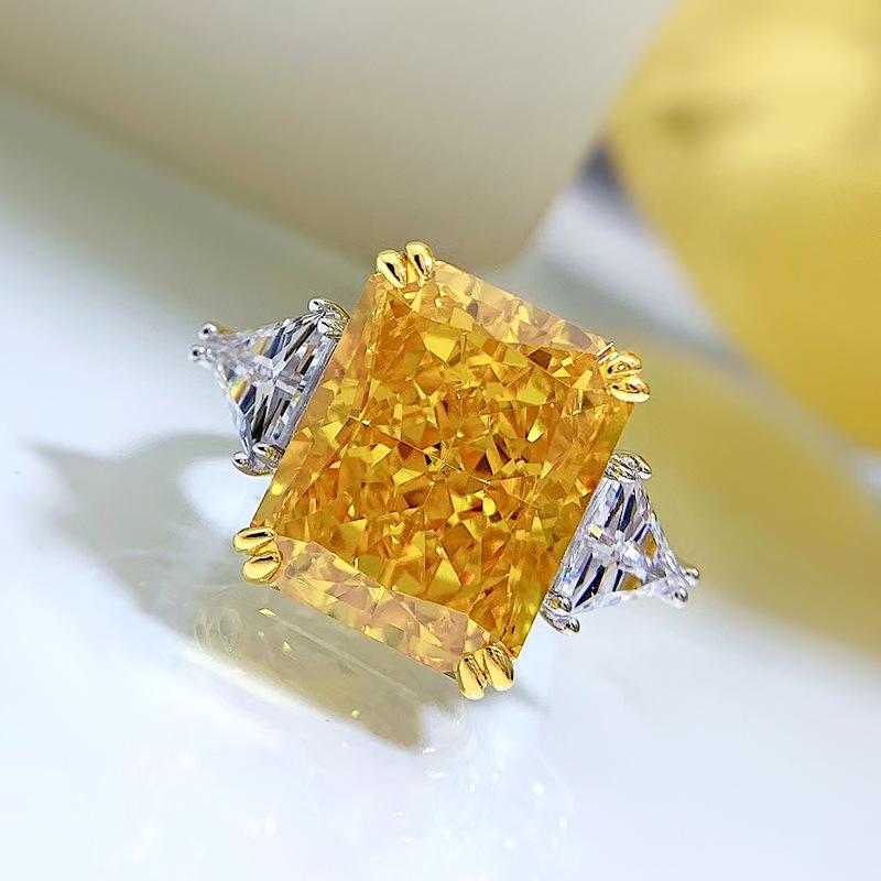 S925 Sterling Silver Pink/Yellow Rectangular Ice Flower Cut Three Stones 13*16mm 8A Cubic Zirconia Ring-444(25%)