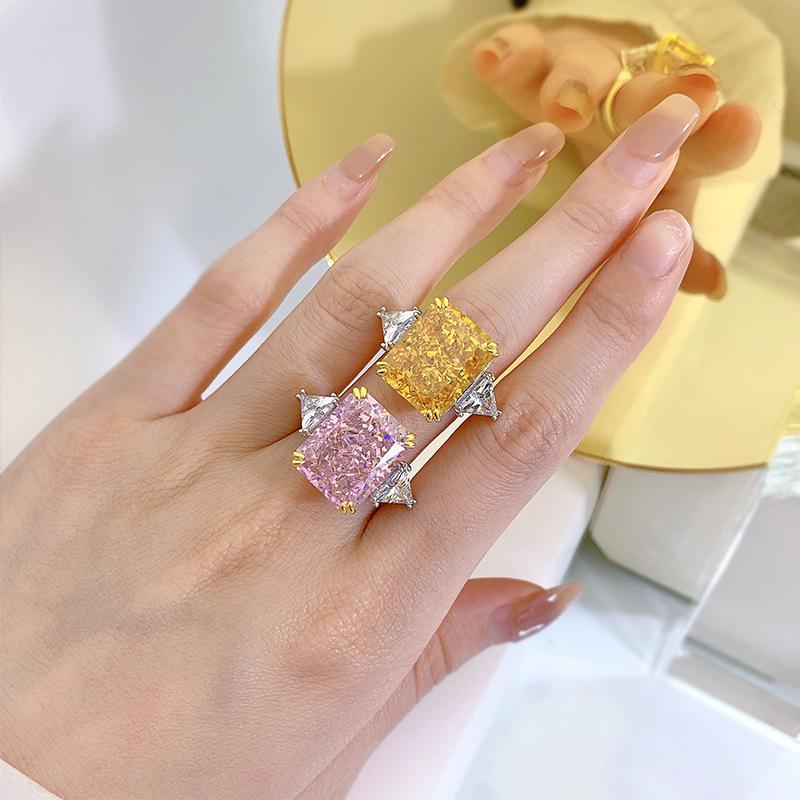 S925 Sterling Silver Pink/Yellow Rectangular Ice Flower Cut Three Stones 13*16mm 8A Cubic Zirconia Ring-444(25%)