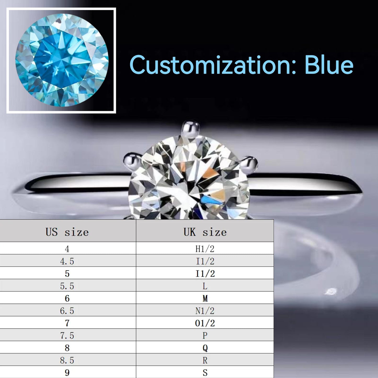 Blue-S925 Sterling Silver D Color Synthetic Moissanite Six-claws Ring 1/2/3/5 Carat Elegant Luxury Daily Life Woman Birthday Gift Engagement-235(35%)