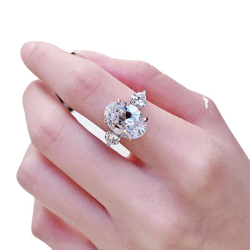 S925 Sterling Silver Purple Three-stones Oval Cut Oval Ring 10*14mm 6A Cubic Zirconia Ring Purple/Yellow/White-365(35%)