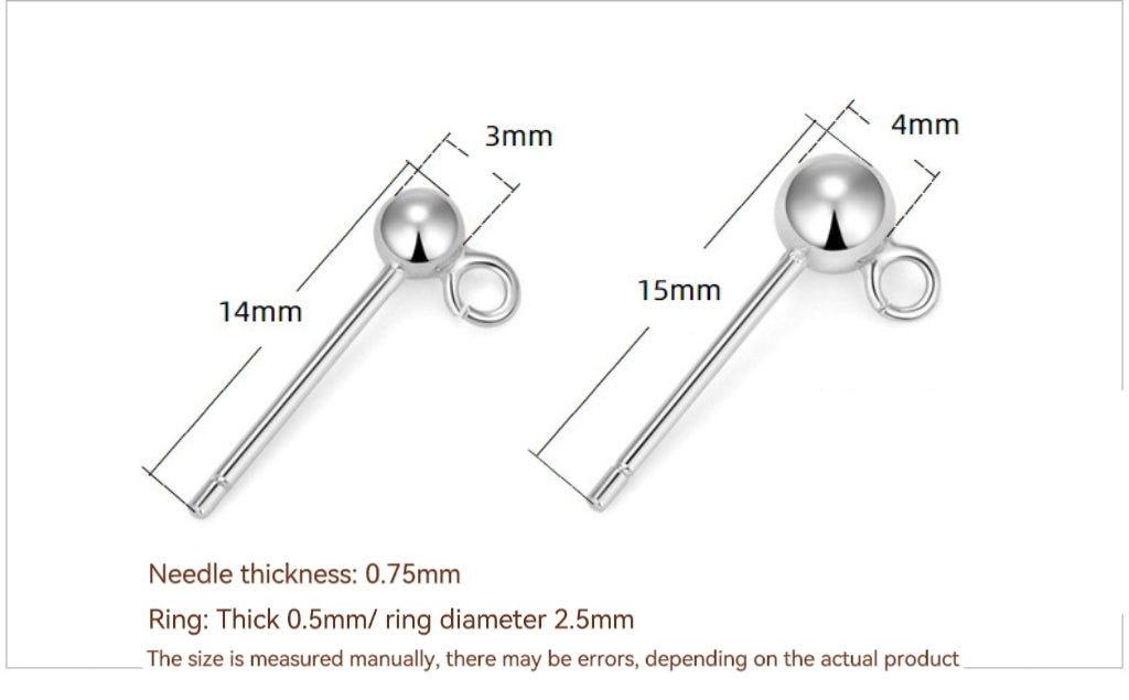 S925 Sterling Silver Ear stud With Ring and Bead For Jewelry DIY（2 pairs)