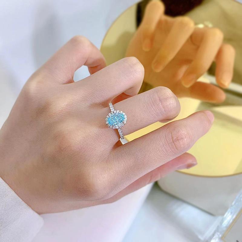 S925 Sterling Silver Aquamarine Radiant Cut Oval Ring 6*8mm 6A Cubic Zirconia Ring-239(35%)