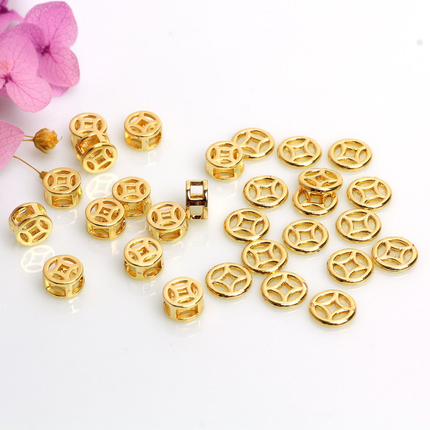 Hollow Copper Beads In The Shape Of Coins  For Jewelry DIY，Covered by 14/18K Real Gold Or Silver