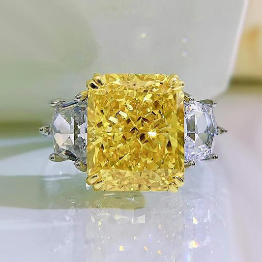 S925 Sterling Silver Yellow/Purple Radiant Cut High Carbon Three Stones Ring 10*12mm 8A Cubic Zirconia Ring-454(25%)