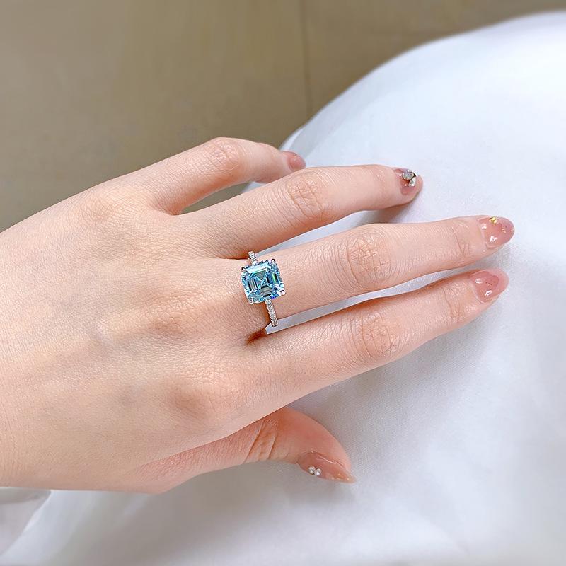 S925 Sterling Silver Blue Asscher Square Cut High Carbon Four Claws Ring 9*9mm 6A Cubic Zirconia Ring-459(25%)