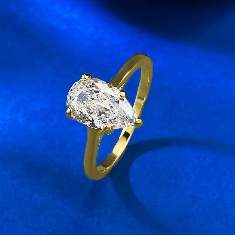 S925 Sterling Silver Pear Shaped Golden 6*9mm 6A Cubic Zirconia Ring-425 emerald  ring(25%)