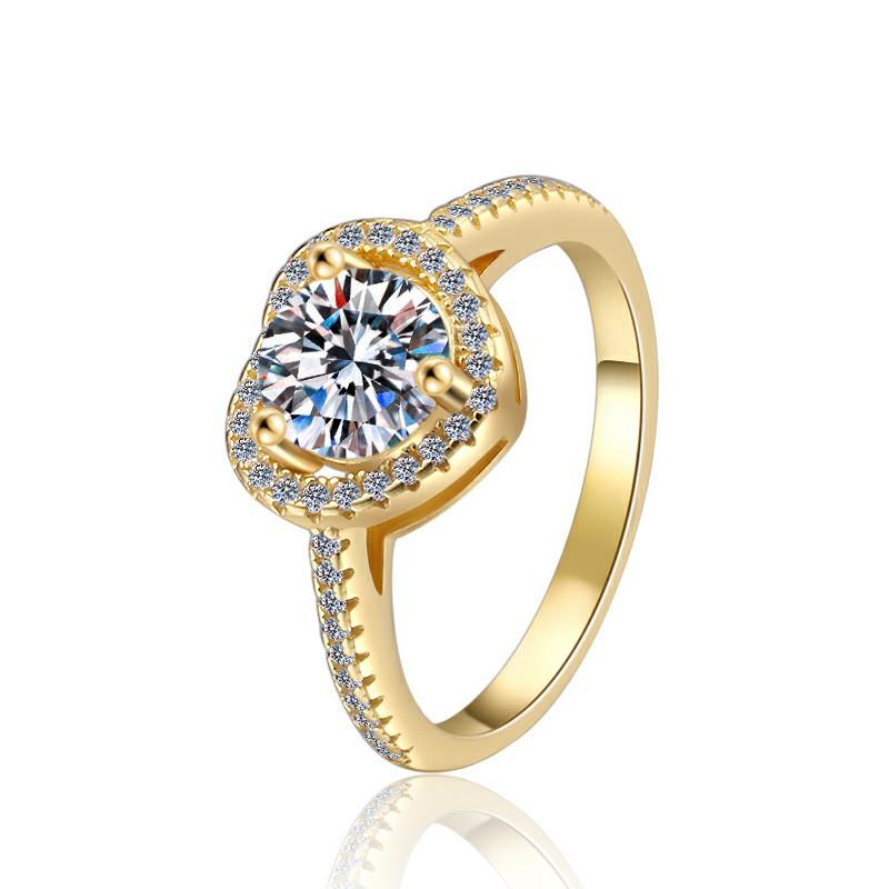 S925 Sterling Silver Golden Heart-Shaped Ring Synthetic Moissanite Ring-183(35%)