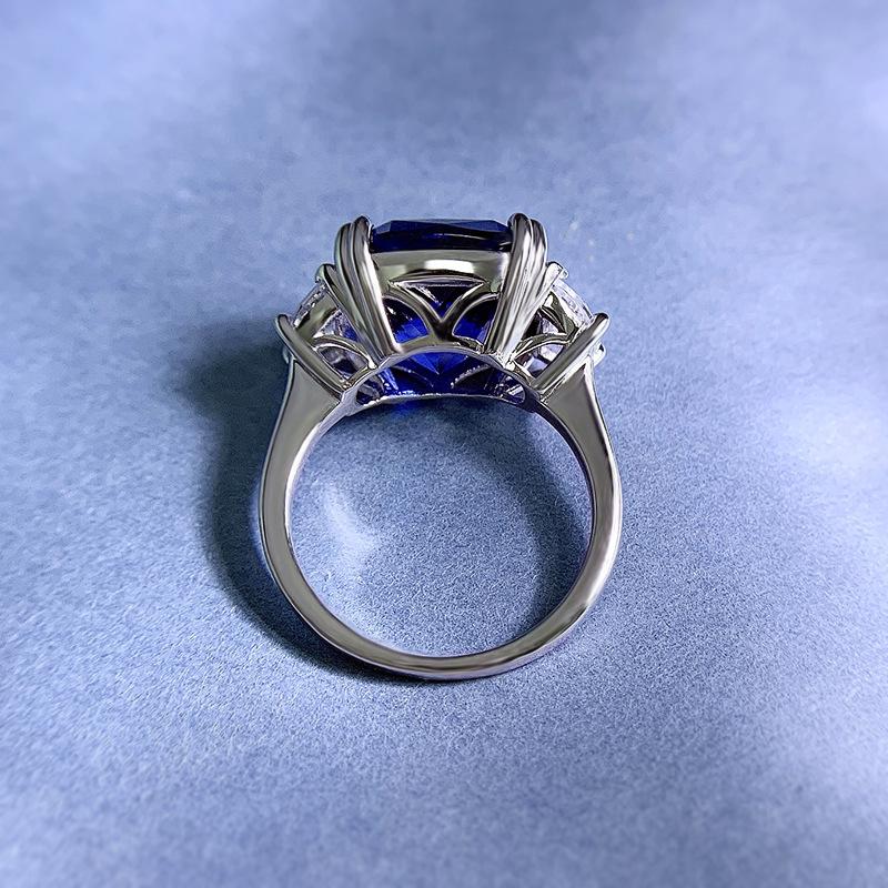S925 Sterling Silver Blue Three Stones Square Four claws 13*13mm 8A Cubic Zirconia Ring-134(45%)