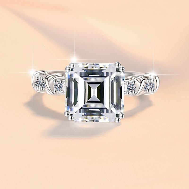 6A Cubic Zirconia S925 Sterling Silver Four-claw Square Asscher Ring 5Carat-465(25%)