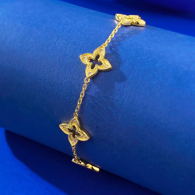 S925 Sterling Five-leaf Clover with Golden Trim Bracelet-309(45%)