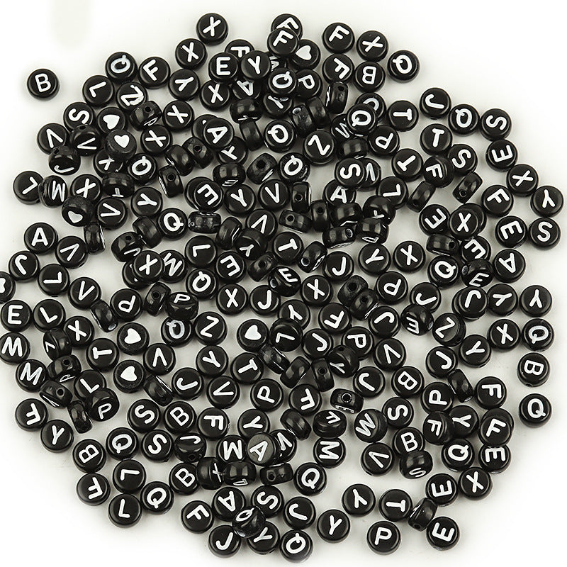 100 Pcs/Pack Acrylic Flat round Beads Diy Black Background White Love Beads/Single English Letter Loose Beads