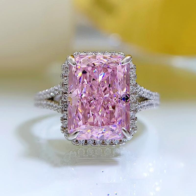 S925 Sterling Silver Ice Flower Cut Rectangular 8*11mm 8A Cubic Zirconia Ring Yellow/pink/white-139(45%)