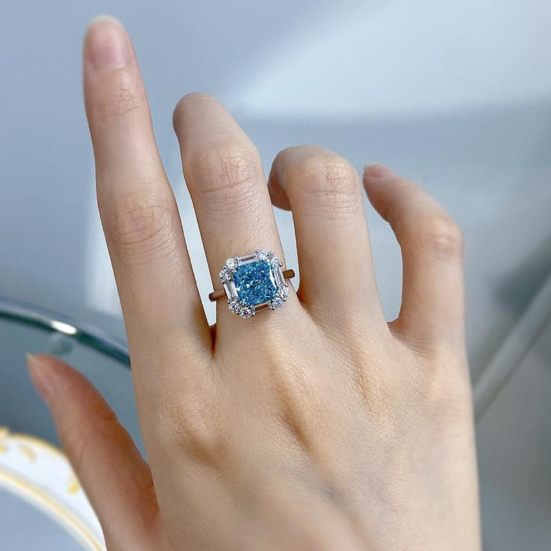 S925 Sterling Silver Sea Blue Ice Flower Cut Square 8*8mm 8A Cubic Zirconia Ring-439(25%)