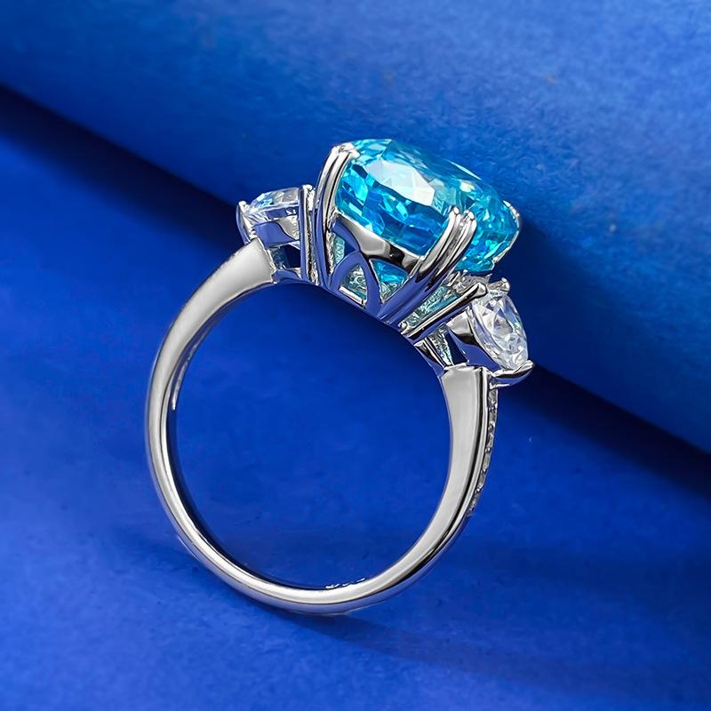 S925 Sterling Silver Aquamarine Three-stones Ice Flower Cut Oval Ring 10*12mm 8A Cubic Zirconia Ring-366(35%)
