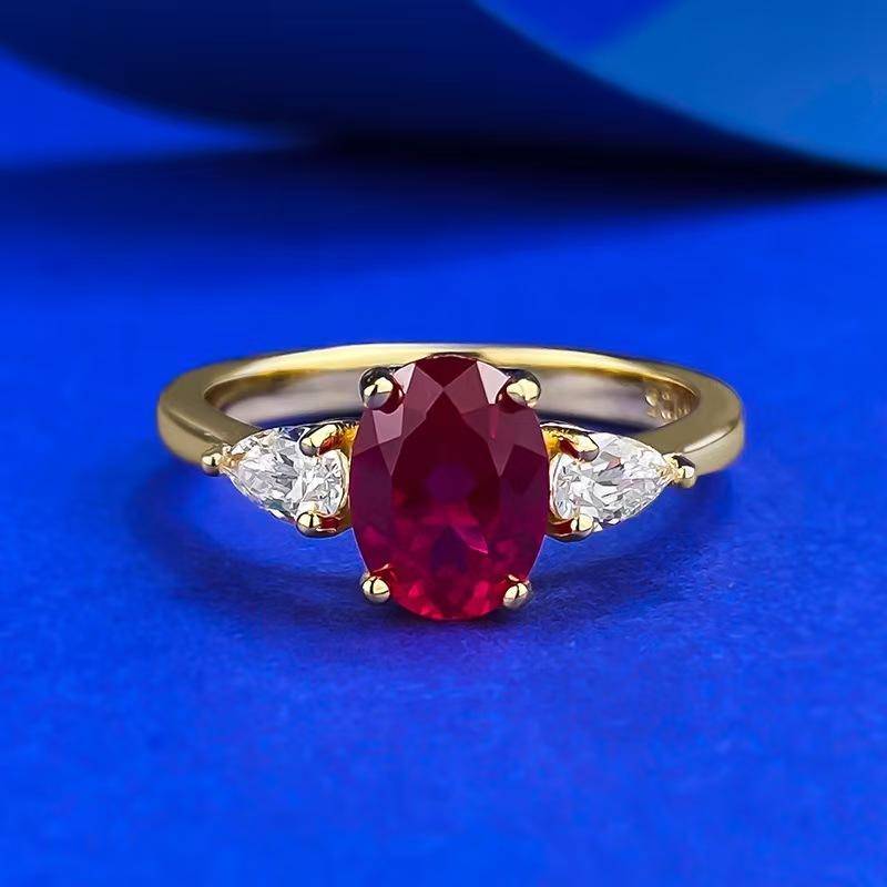 S925 Sterling Silver Oval Cut Ring Red/Blue 6*8mm 6A Cubic Zirconia Ring fashion jewelry accessory woman girl promise ring-271(35%)