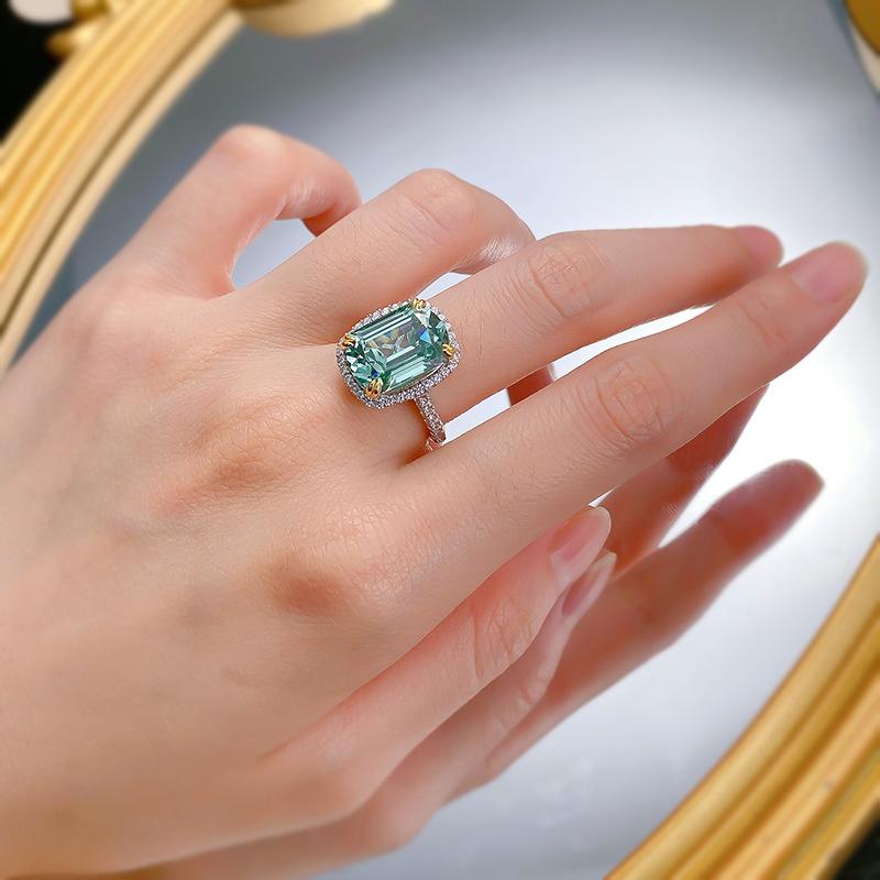 S925 Sterling Silver Tourmaline Cushion Cut Square Ring 10*14mm 8A Cubic Zirconia Ring-375(35%)