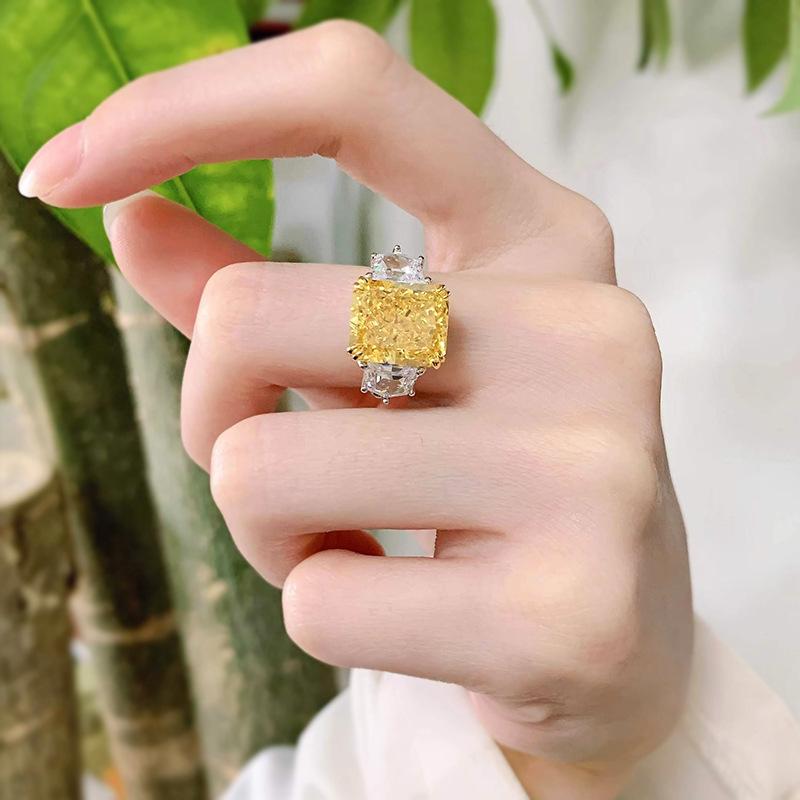 S925 Sterling Silver Yellow/Purple Radiant Cut High Carbon Three Stones Ring 10*12mm 8A Cubic Zirconia Ring-454(25%)