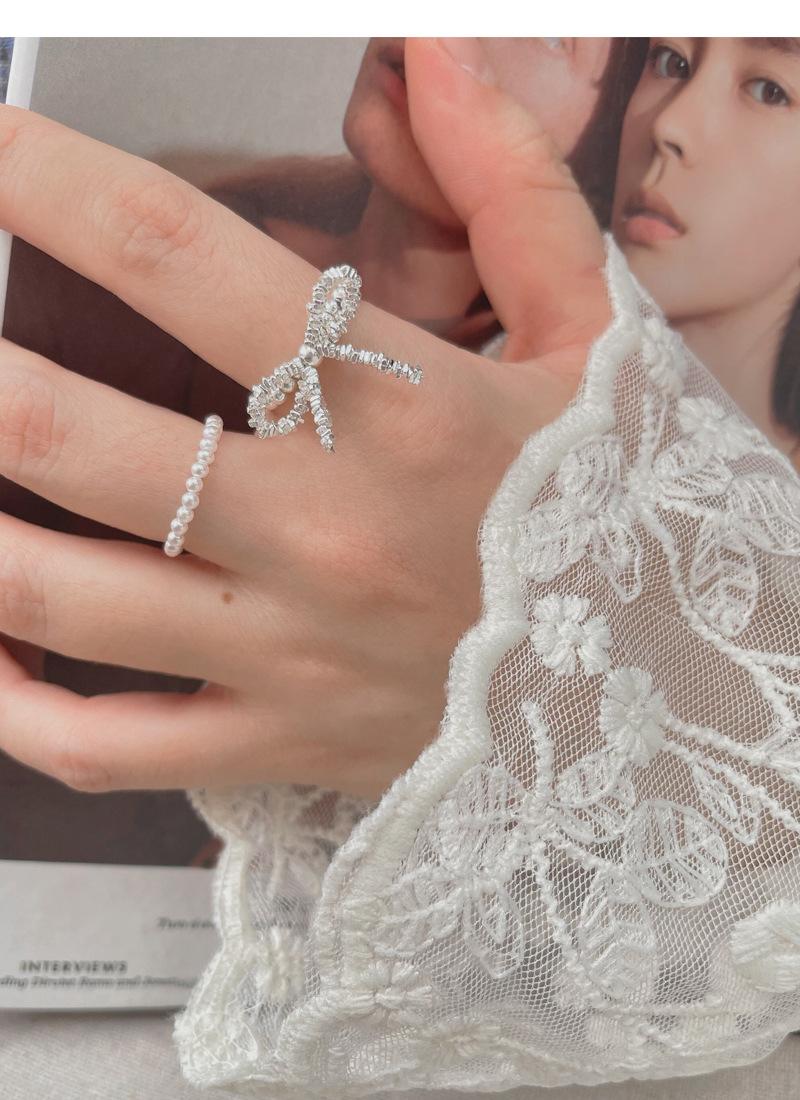 S925 Sterling Silver Broken Silver Bow Elastic Cord Stretch Beaded Ring for Women - 520(45%)